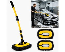 DPLUNIQ Borstel - Telescoop borstel - Schoonmaakborstel - Autowasborstel - Microvezel - 0,8kg - Uitschuifbare steel - Zwart - Geel