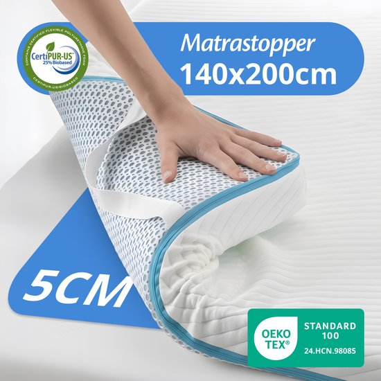 Surmatelas 140x200cm certifié CertiPUR-US 25% Biobased et 5cm d'épaisseur.