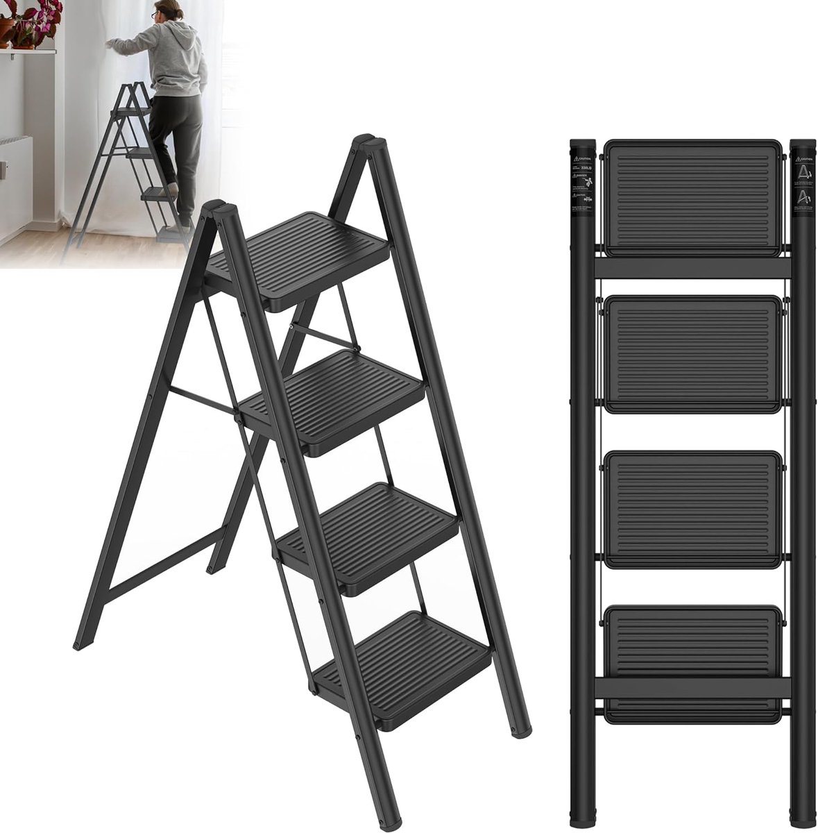 Trapladder 4 treden - Vouwkruk opstap - Huishoudelijk werk - Breed antislip pedaal - 270 kg belastbaar - Zwart