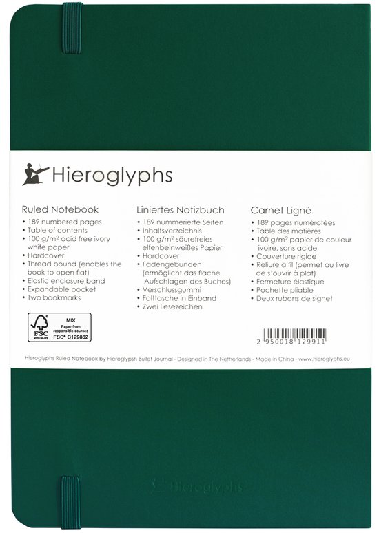 Donkergroen, harde kaft, notitieboek met elastische sluiting, uitbreidbaar vak en 2 bladwijzers. Beschrijft 189 genummerde pagina's, inhoudsopgave, 100 g/m² papier.