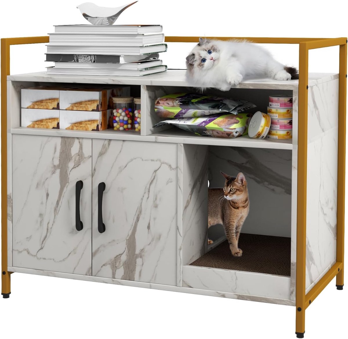 Kattenkast - Kattenmeubel - Privacy voor kat - Met krabplank - 89 x 45 x 745 cm - Wit marmer