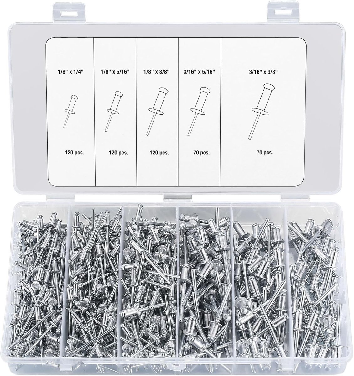 Assortiment van 500 Popnagels, Aluminium Blindnagels en Platte Popnagels voor Metaal, Hout en Kunststof (3.2mm en 4.8mm)