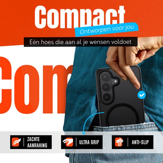 Een zwarte telefoonhoes die compact in een jeanszak past, met een zachte grip en anti-slip textuur.