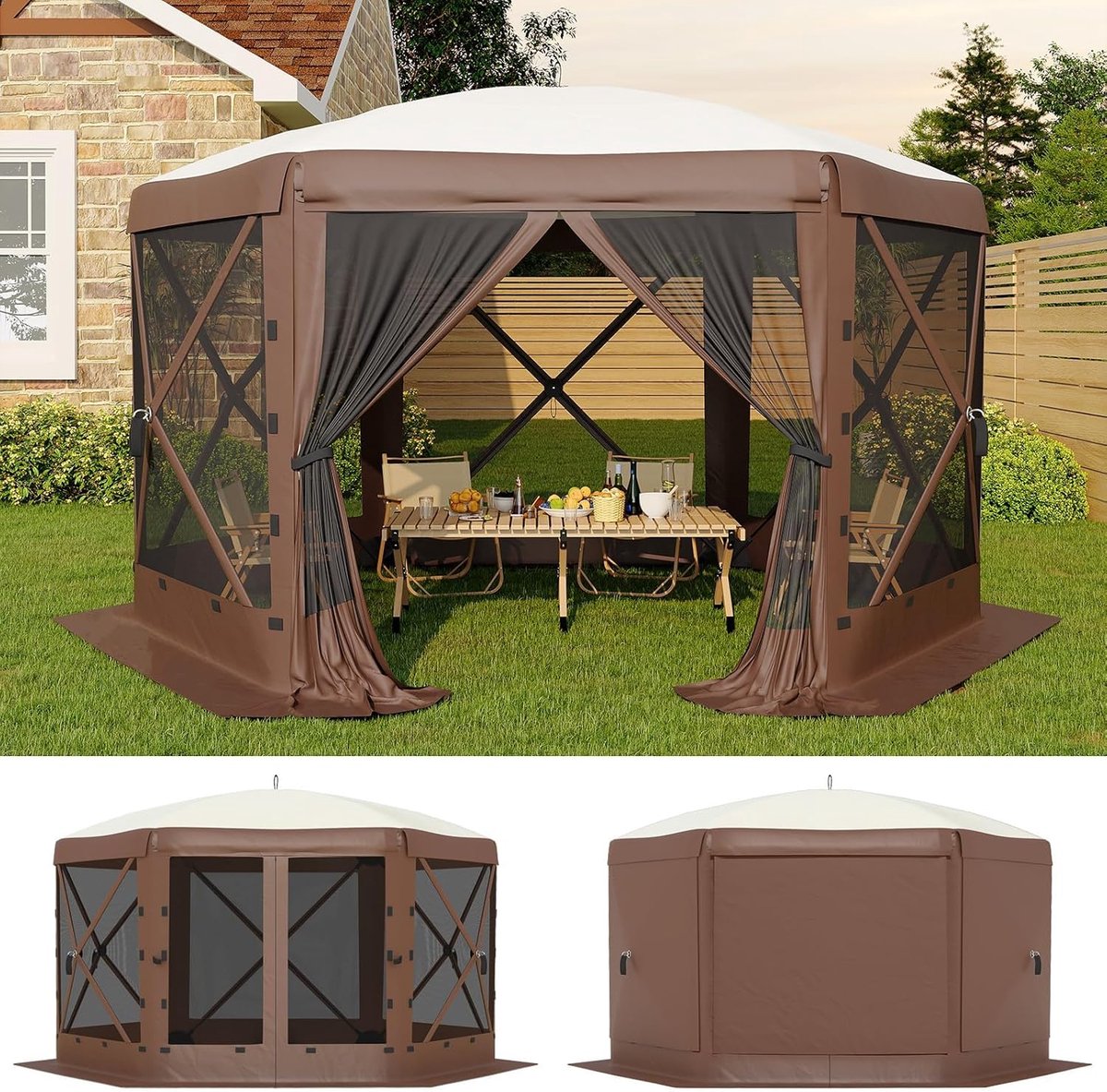 Partytent Hexagonale met Gaas & Afneembare Zijwanden - 350x350x220cm - Pop-up Paviljoen - Waterafstotend - Buitentent voor Camping, Tuinfeest, Evenementen - Bruin + Beige