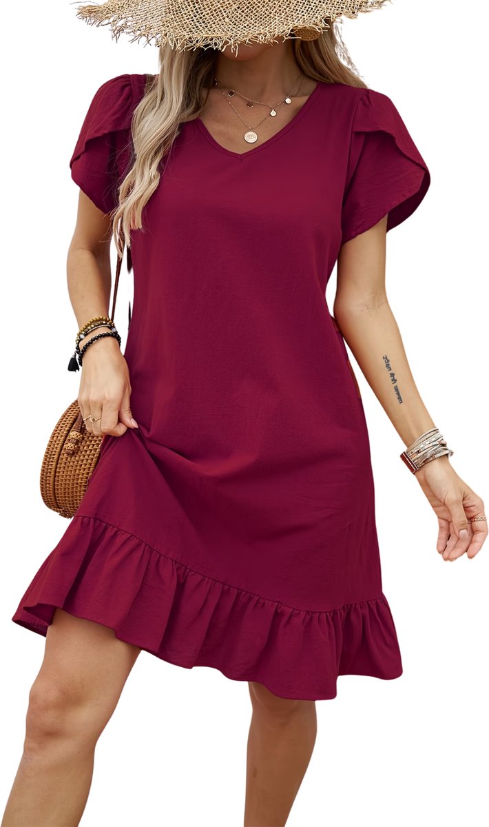 Currero Zomerjurk Dames Zomerjurken Volwassenen Vrouwen Midi Jurk Ibiza Stijl Sundress Dress Donkerrood M