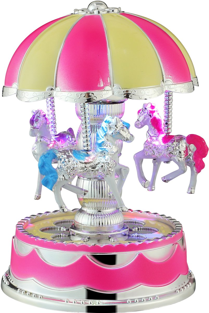 Roze Carrousel Muziekdoos – Met LED-verlichting, 3 Draaiende Paarden, Elektrisch – Romantische Tafeldecoratie