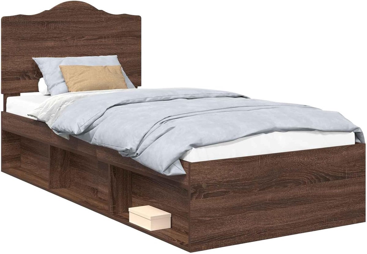 Bedframe Massief Hout - Moderne Bedombouw - Comfortabel Slapen - Stevig Hoofdeinde - 90 x 190 cm - Bruin Eiken