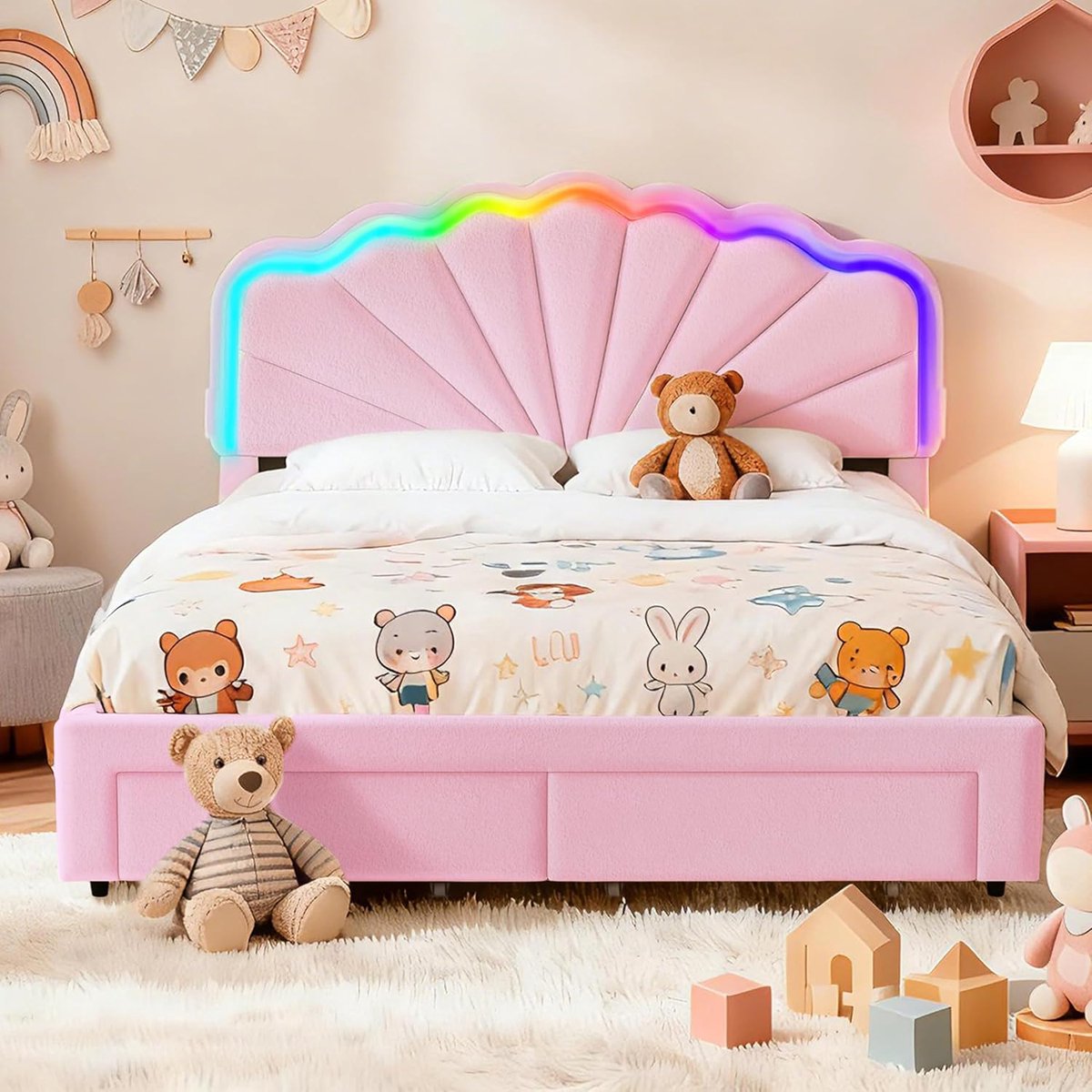 Gestoffeerd Bedframe - Opbergbed Bed - Slaapkamer Opbergen - Met LED en Laden - 140x200 cm - Roze
