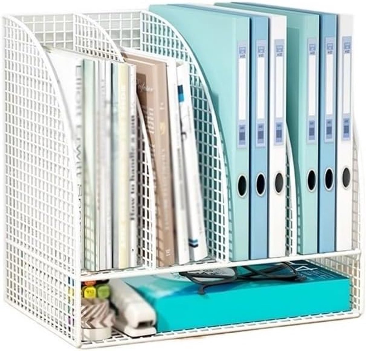 Metalen Archiefrek - Documenten Organizer - Werkplek Organiseren - Verticale Ruimtebesparing - Vier Compartimenten - Wit