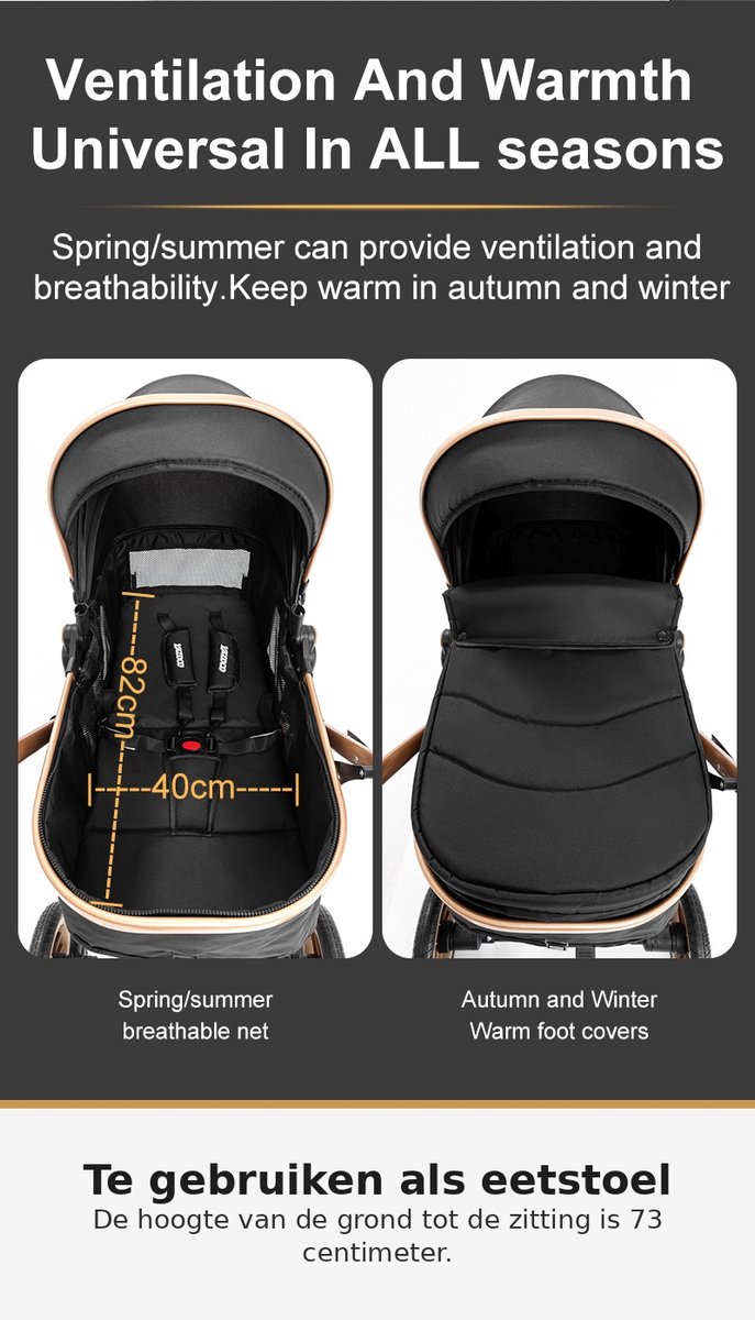 Luxe Kinderwagen 3-in-1 – Opvouwbare Baby Kinderwagen – Hoge Kinderwagen voor Pasgeboren Baby’s – Reiswieg en Wandelwagen – Draagbaar en Compact thumbnail 6