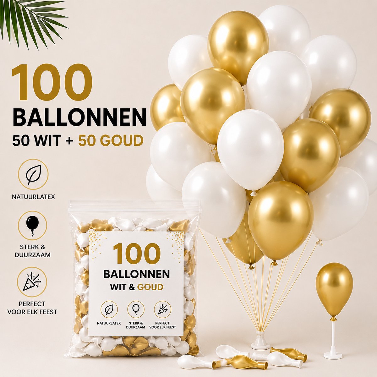 100 Ballonnen Wit Goud - 50 Witte & 50 Gouden Latex Ballonnen - 30 cm - Geschikt voor Helium - Ballonnenboog - Verjaardag - Bruiloft