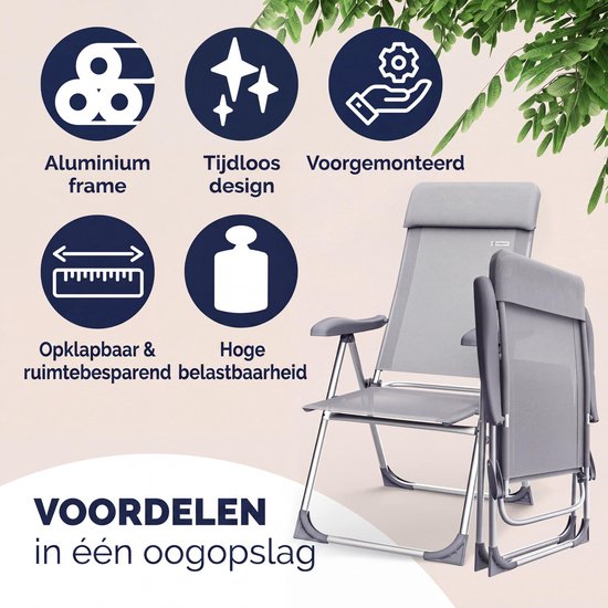 Grijze Casaria tuinstoel met aluminium frame, inklapbaar & ruimtebesparend, tijdloos design.