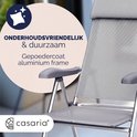 Grijze Casaria tuinstoel met gepoedercoat aluminium frame, onderhoudsvriendelijk & duurzaam.