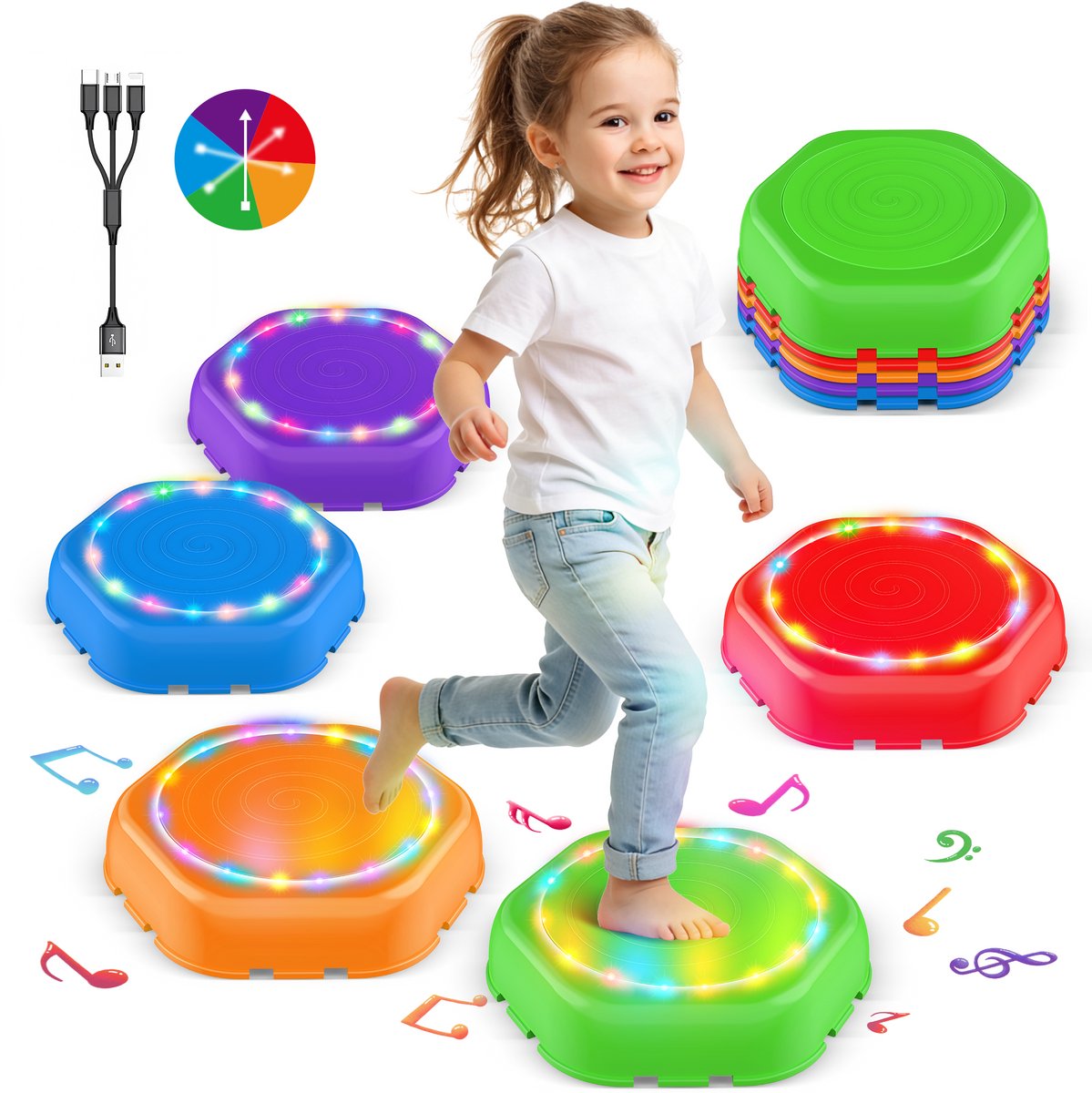 Stapstenen met Licht en Geluid - 5 Oplaadbare Stepping Stones - Met Speelboekje - Stapelstenen - Balansstenen met Antislip