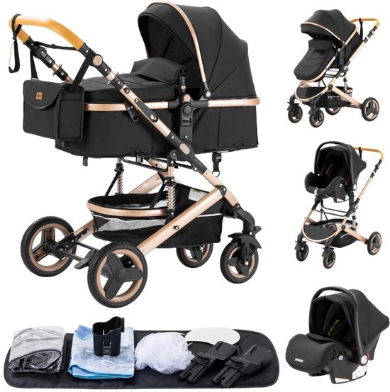 Zwarte kinderwagen met gouden frame, autostoel en accessoires.
