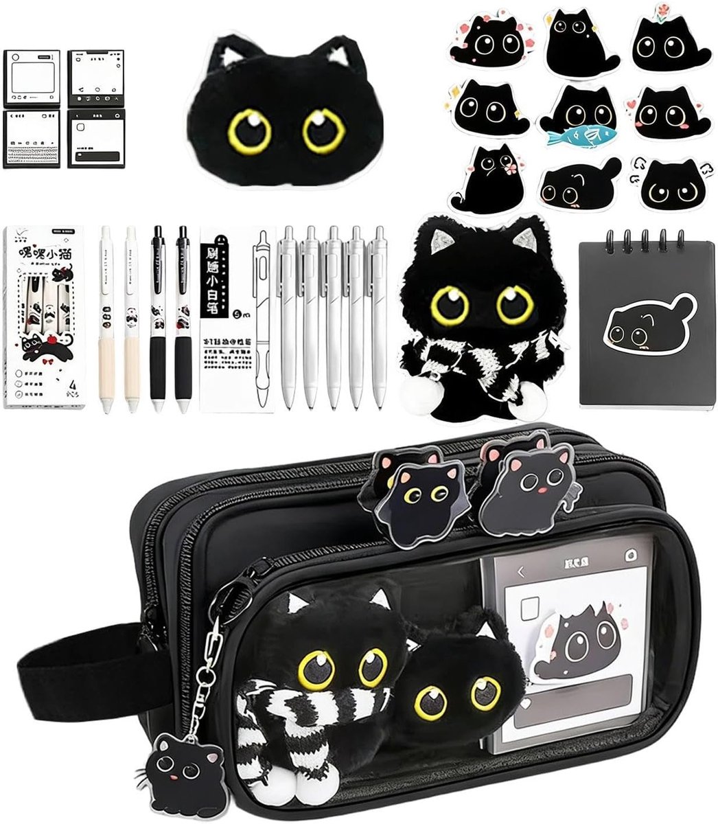 Etui met Kattenmotief - Schrijfwaren Organizer - School en Kantoor - 10-laags Opbergsysteem - Compact Formaat - Zwart