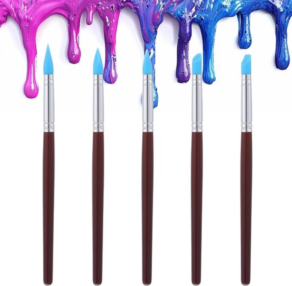 5-delige siliconen kwastenset voor keramiek en schilderen. Modelleerstift en pottenbakkersgereedschap met zachte rubberen tip.