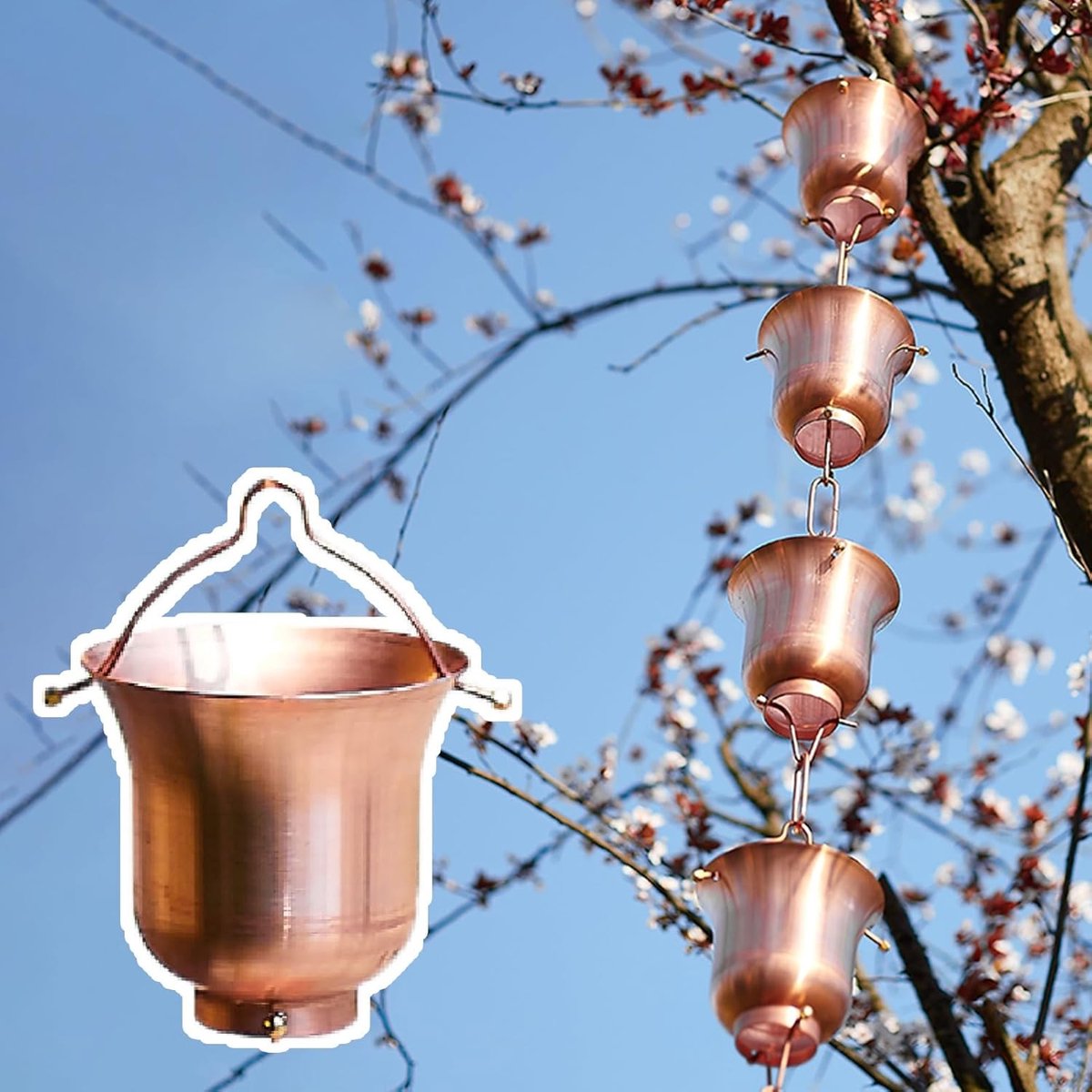 Regenketting - Koperen Vanger - Decoratieve Waterafvoer - Vijf Kopjes Per Meter - 2.4 Meter - Koper