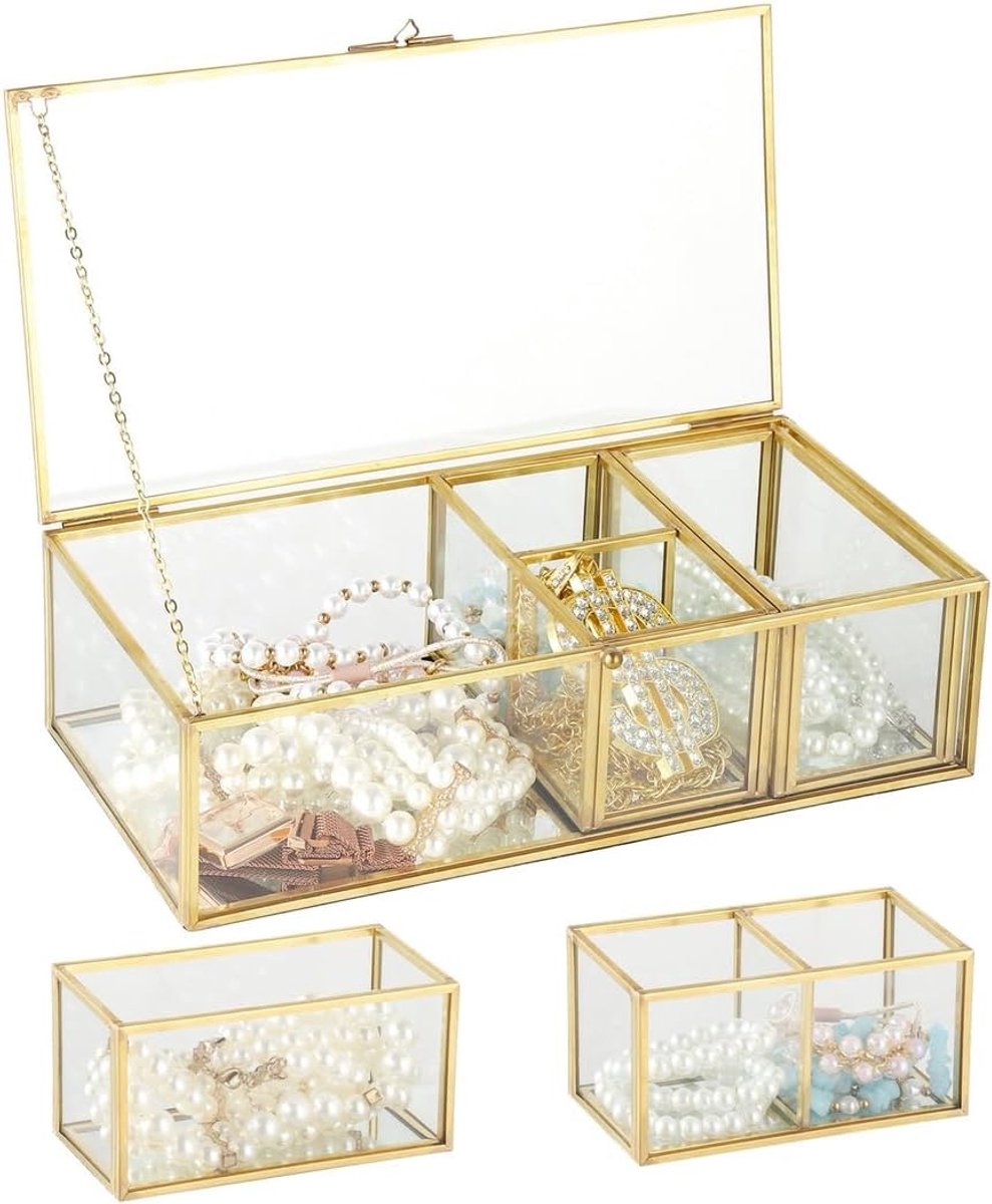 Glazen Sieraden Doos - Make-up Opslag - Sieraden Organiseren - 3-in-1 Ontwerp - 35x13x6.5 cm - Goud