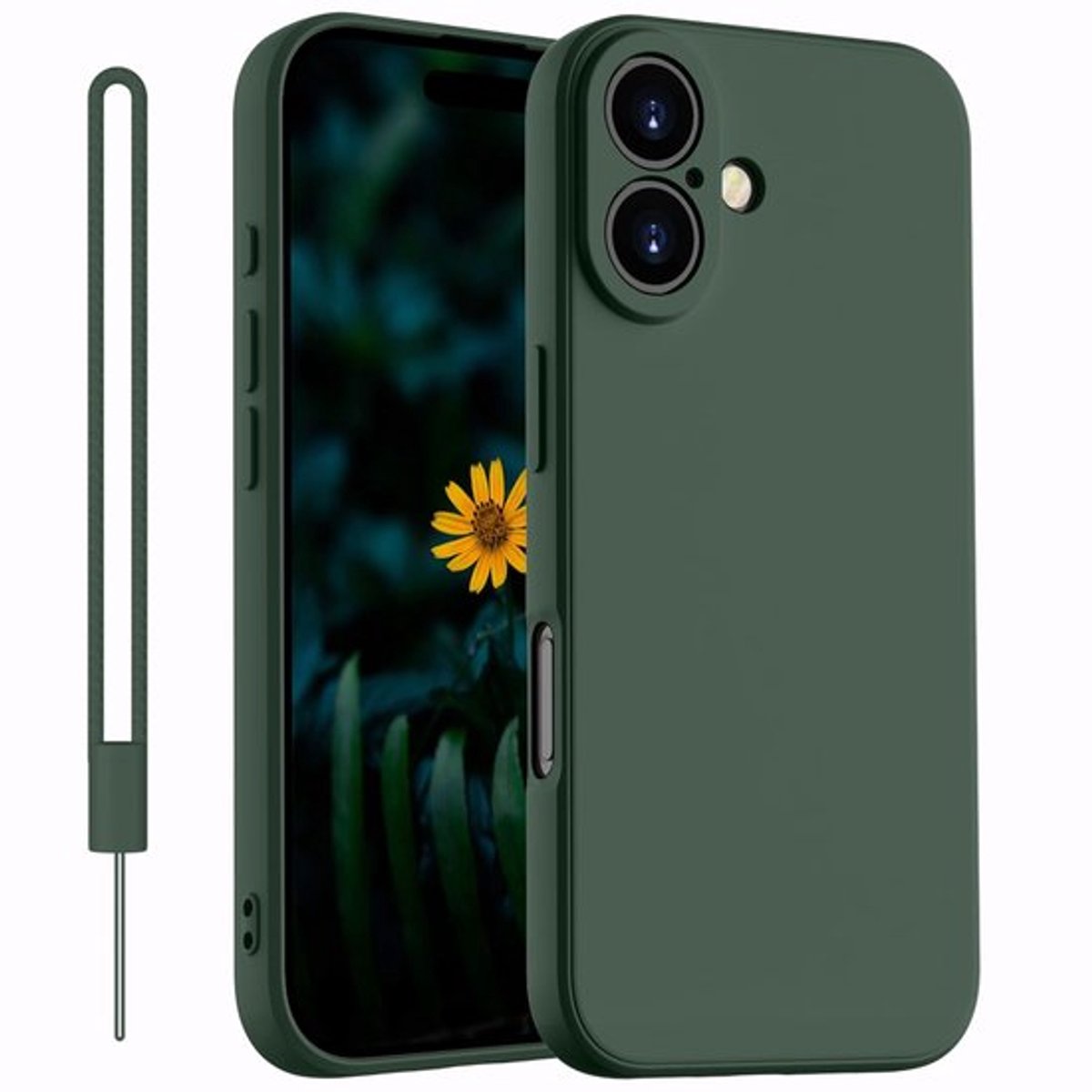 Dun silicone case voor iPhone 16 met microfiber-innebedekking, groen