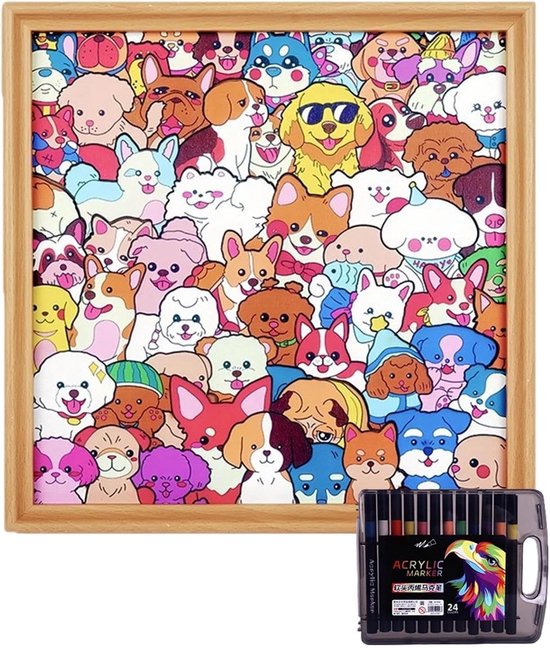 Ingekleurde puzzel van honden in een houten lijst, naast een set van 24 acrylmarkers.