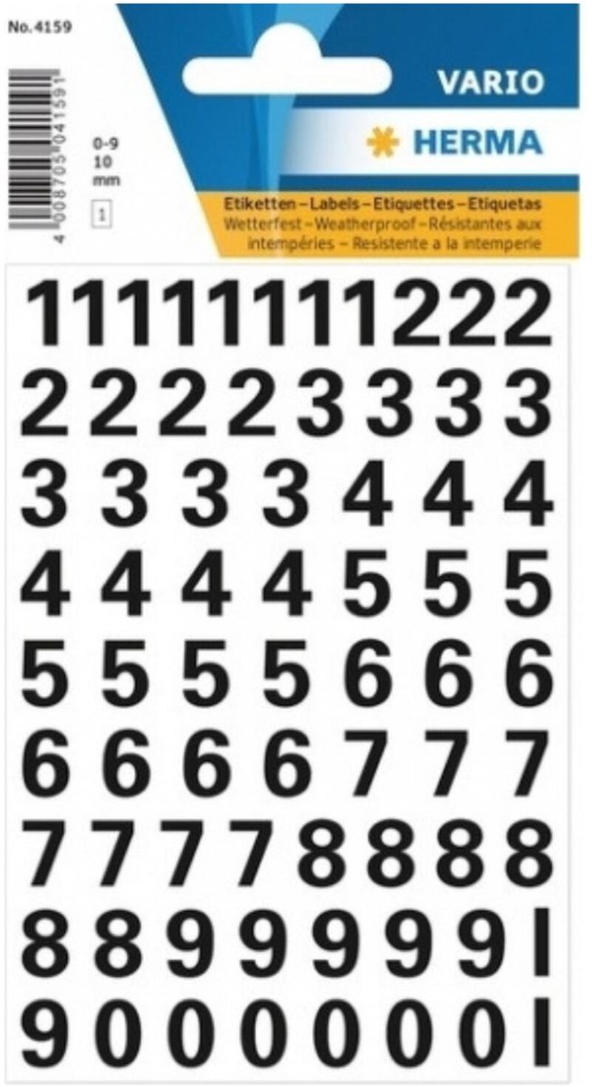 Herma Stickervel - cijfers / getallen - 0 t/m 9 - 4x vellen - zwart - 10 mm - watervast