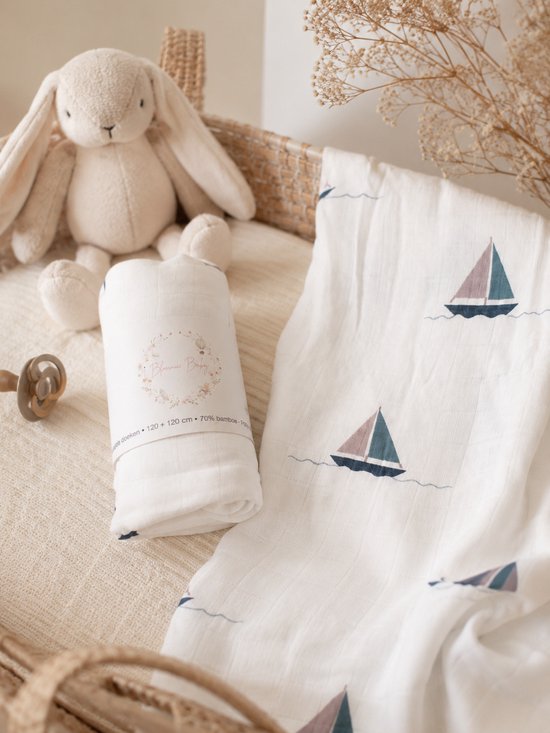 Bloomie Baby - Hydrofiele Doek XL Bootjes - 120x120 cm - Baby Doek Bamboe - Kraamcadeau — afbeelding 2