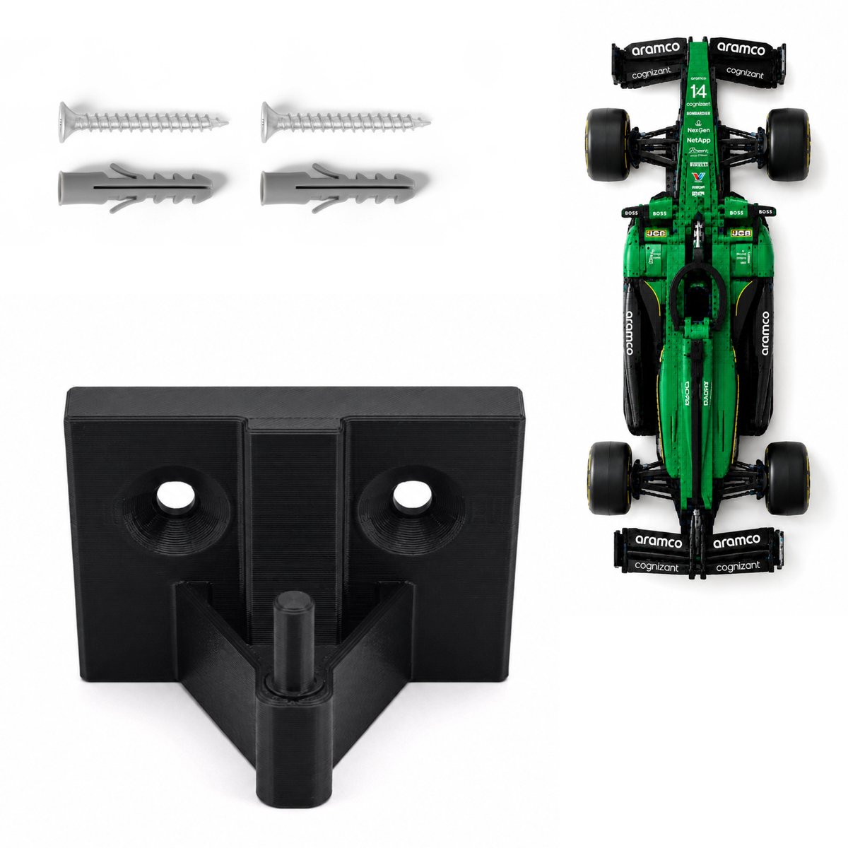 YUOM. Muurbeugel geschikt voor LEGO Technic Aston Martin Aramco AMR25 F1 Auto 42240 – Wandhouder voor LEGO Technic F1 Auto – Displayhouder – Zwart