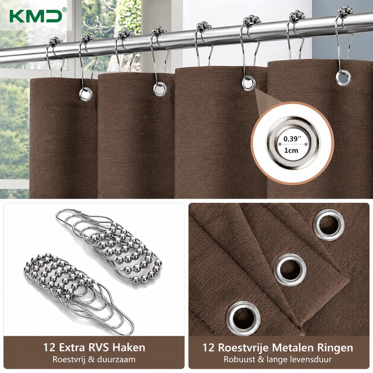 KMD Douchegordijn Linnen Textuur Waterdicht met Metalen Haken - Anti-schimmel Textiel Zwaar Badgordijn voor Badkamer Douchecabine - 182 x 214 cm Bruin