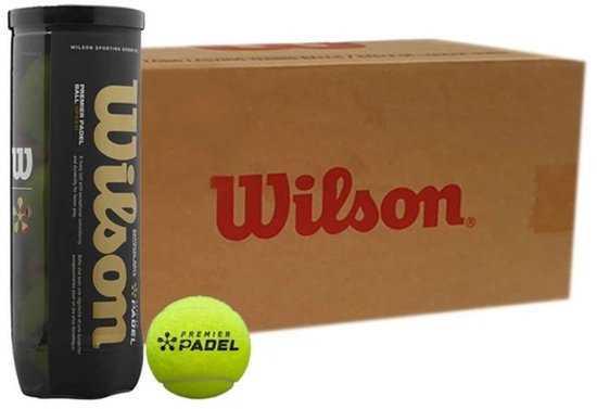 Zwarte koker met 3 gele padelballen van Wilson Premier Padel. Een doos Wilson padelballen staat ernaast.