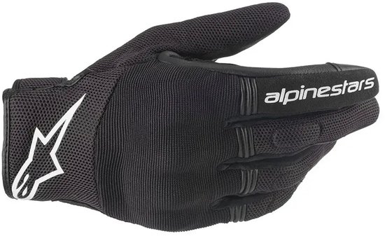 Zwarte Alpinestars motorhandschoen met wit logo op de pols en mesh stof.