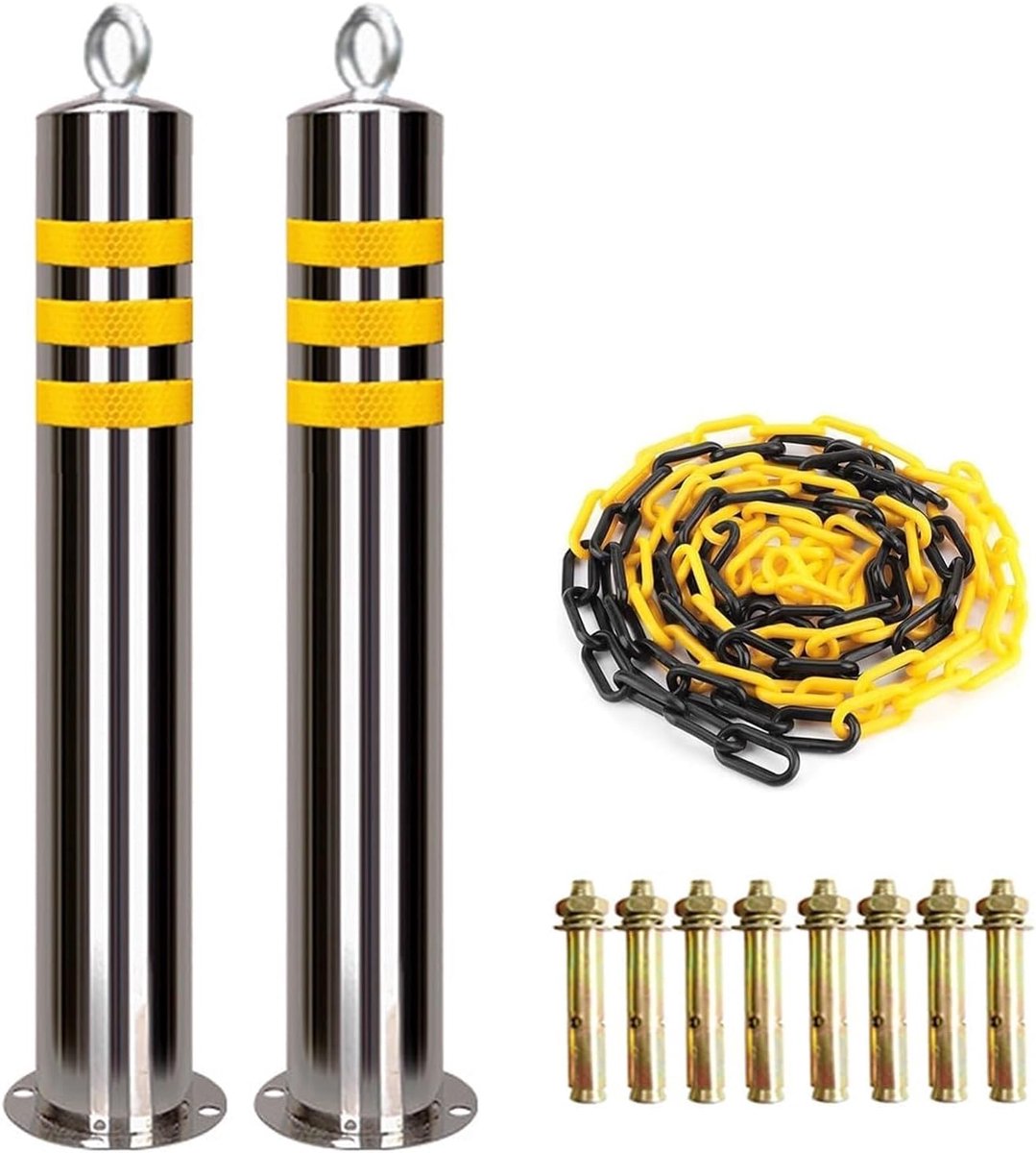 Parkeerpaal Set - Oprit Beveiliging - Voertuig Beheer - Reflecterende Strepen - 2 Stuks 76x800MM - Zilver