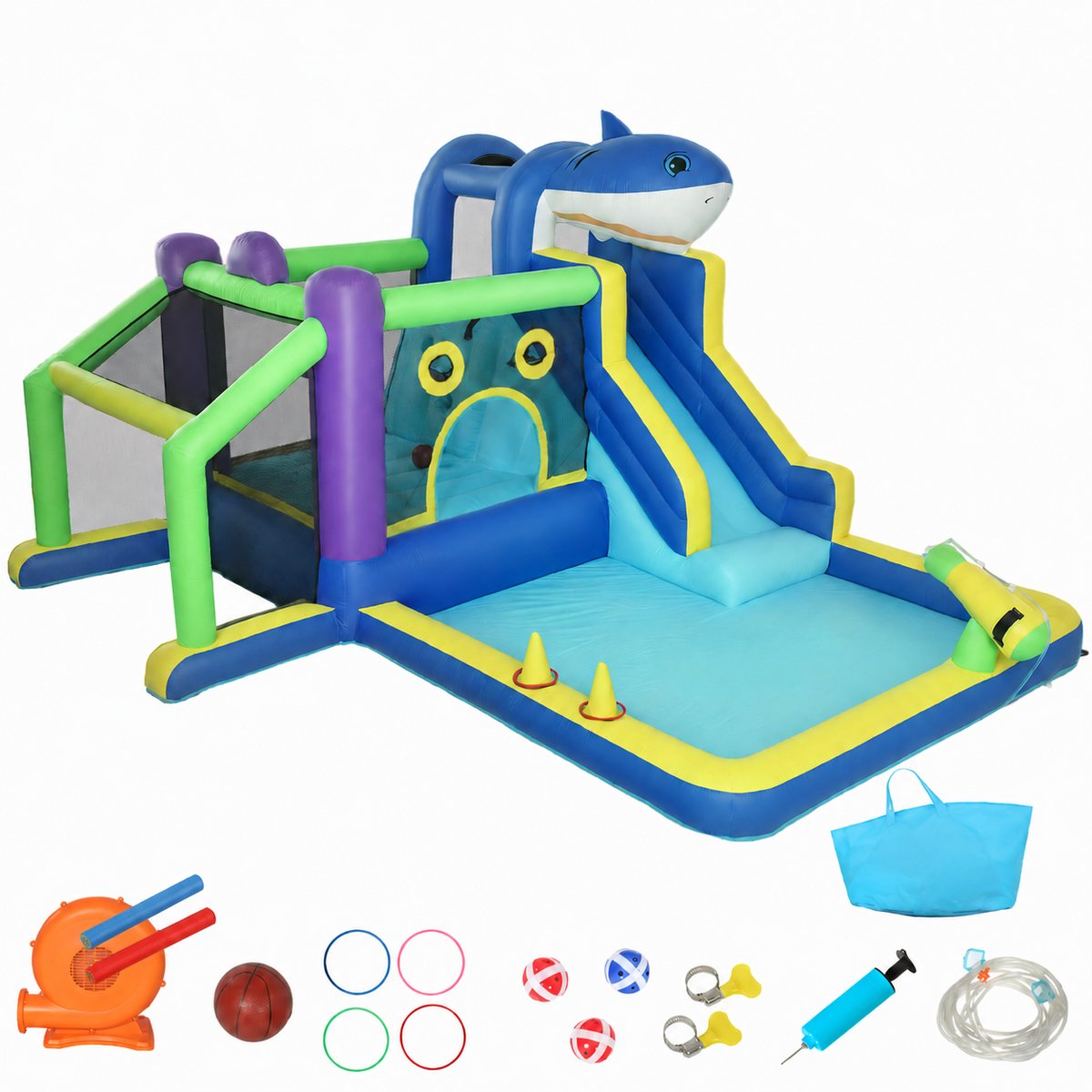 TEKROA® Opblaasbaar Springkussen - Springkasteel en glijbaan - met haaienthema - voor buitenplezier voor kinderen