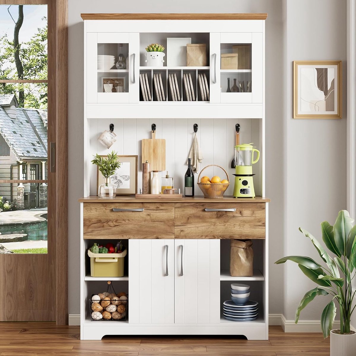 Keukenkast met opbergruimte - Buffetkast dressoir - Keuken organiseren - Vitrinevakken en hakenlijst - 106x39x1765 cm - Wit houtkleur