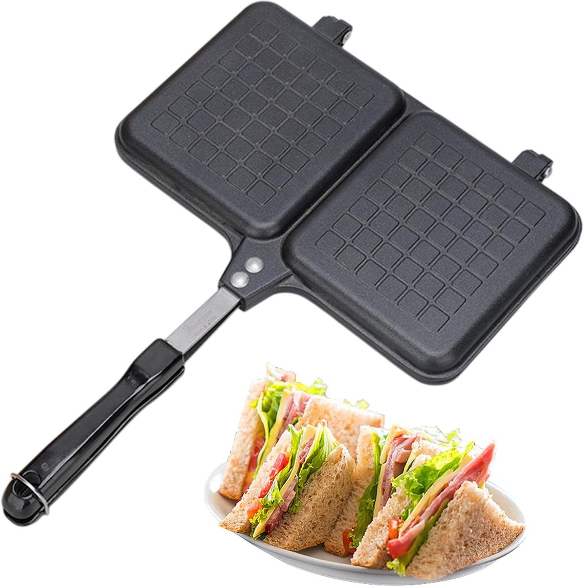 Sandwich Maker Broodrooster Pan Warme Broodjes Maken Dubbelzijdig Grillen 36x25 cm Zwart