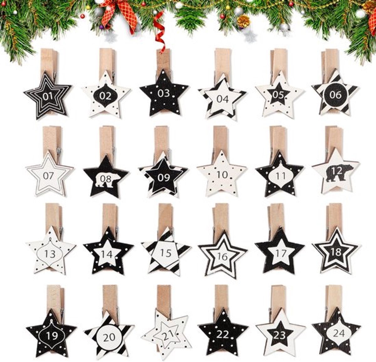 By shayne - Adventskalender van hout - Decoratieve mini-kerstknijpers - 24 stuks