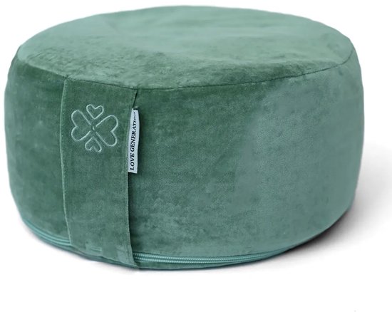 Zalmroze fluwelen meditattekussen met klaverlogo en rits.