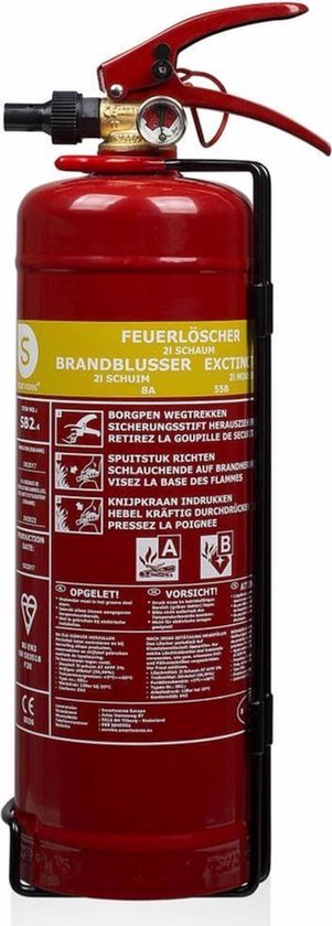 Rode schuimbrandblusser met gele band en diverse waarschuwingssymbolen. Inclusief houder en manometer.