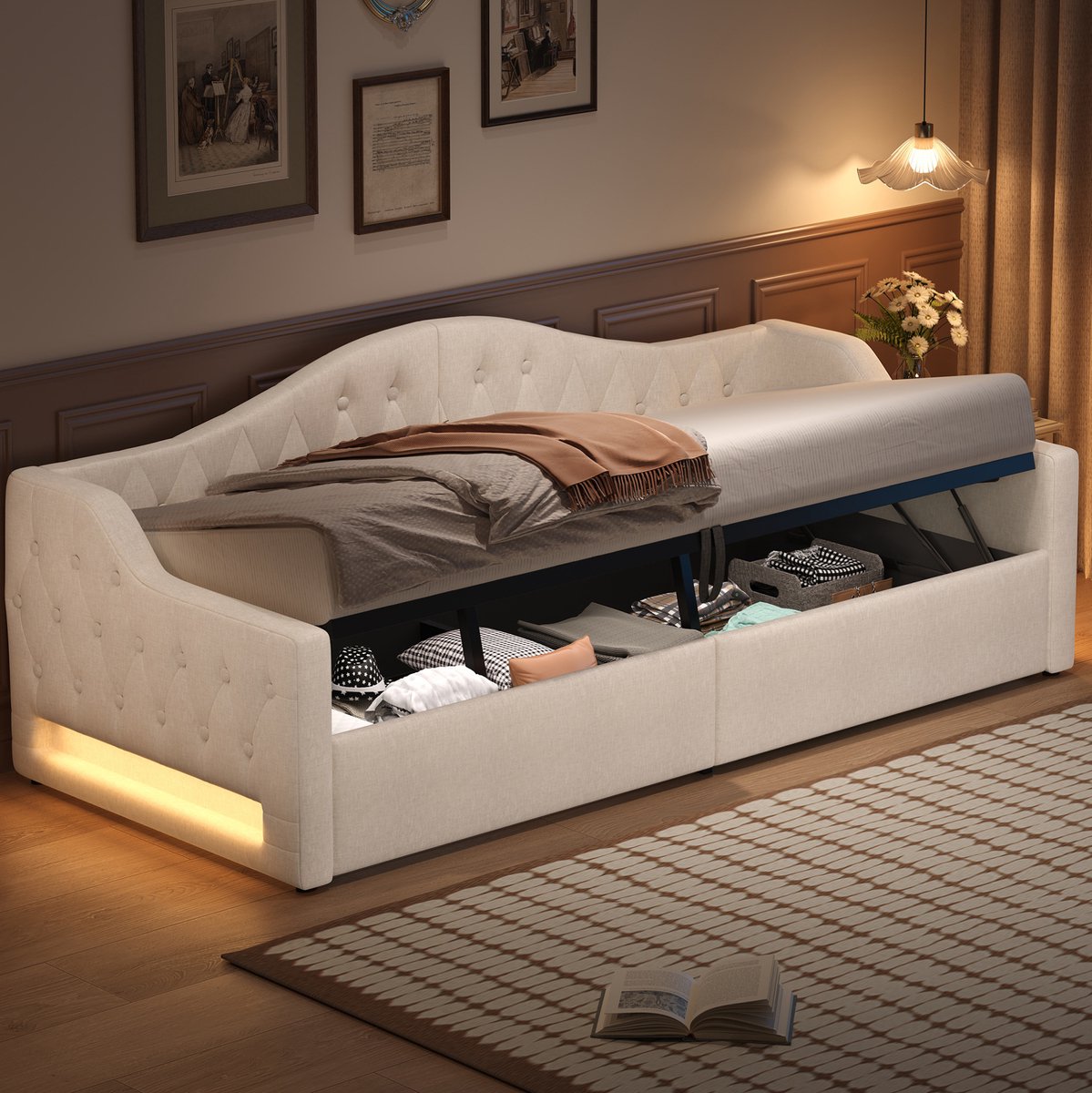 MEUNIQ slaapbank 90x200 cm met opbergruimte, LED-verlichting aan beide zijden, gestoffeerd daybed voor slaapkamer of logeerkamer, beige