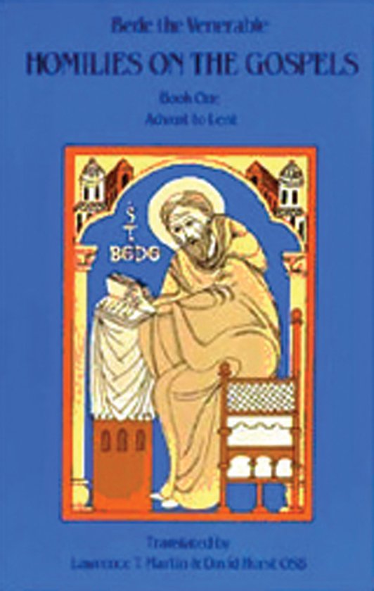 Couverture de livre avec une illustration de Saint Bède le Vénérable, assis dans une niche, tenant un livre. Texte : 'Bede the Venerable: Homilies on the Gospels Book One: Advent to Lent'.
