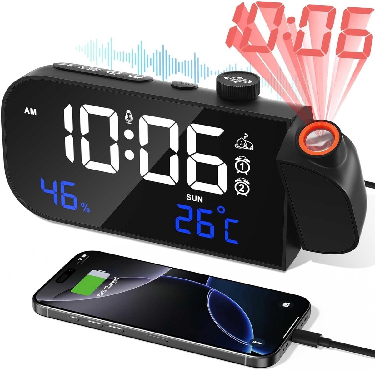 Digitale Projectiewekker - Zwart - Temperatuur- en Vochtigheidsweergave - FM-Radiofunctie - Voor Slaapkamer en Kantoor