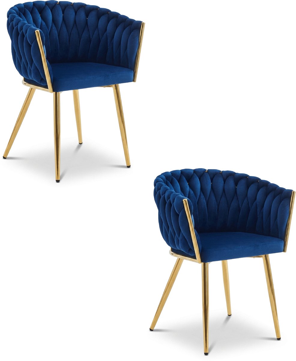Set van 2 eetkamerstoelen ORION - Donkerblauw fluweel - Gouden metalen poten - Modern design