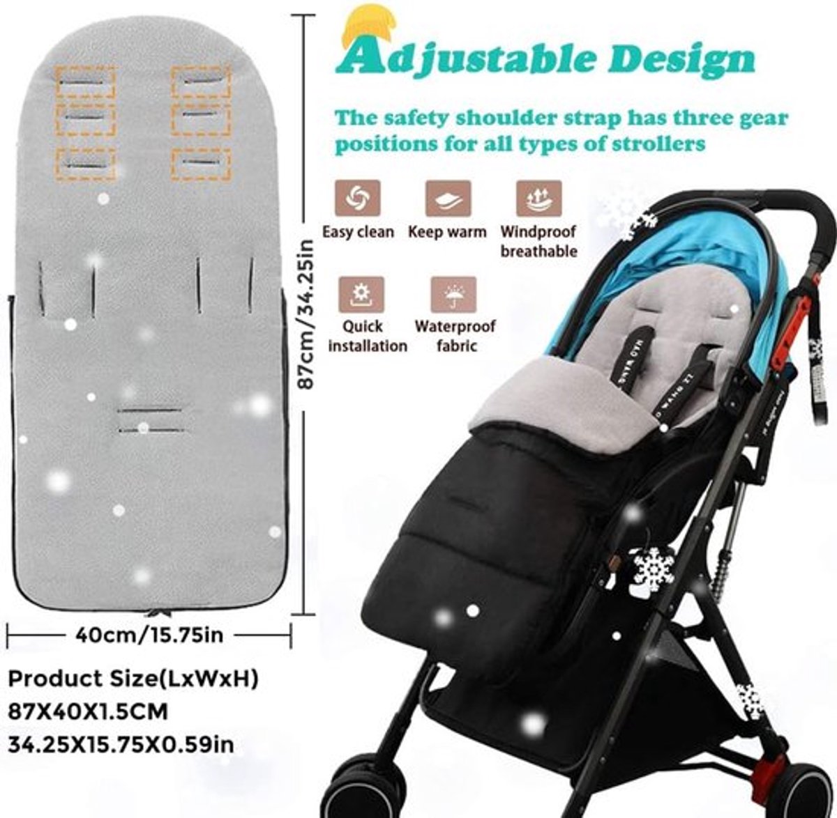 Universele wintervoetenzak van fleece voor kinderwagens - universele voetenzak voor kinderwagens - voetenzak voor kinderwagens - voetenzak voor wiegjes - geschikt voor baby's van 0 tot 3 jaar - waterdicht en koudebestendig - 80 x 38cm – foto 7
