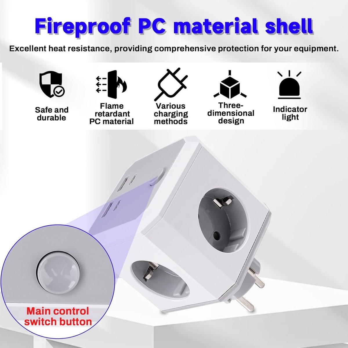 Stekkerdoos - Kubusvormig - 8-in-1 met 4 Stopcontacten en 4 USB Poorten - Compact en Veilig - Voor Thuis en Kantoor