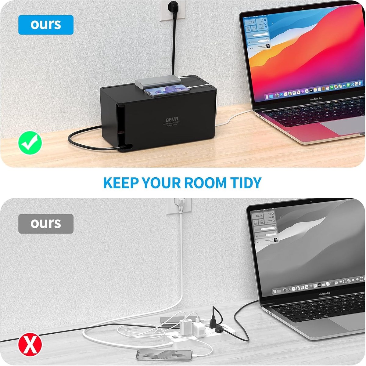 Stekkerdoos met Kabelorganisatiebox - Zwart - 6 Stopcontacten - 4 USB-poorten - Voor Thuis en Kantoor
