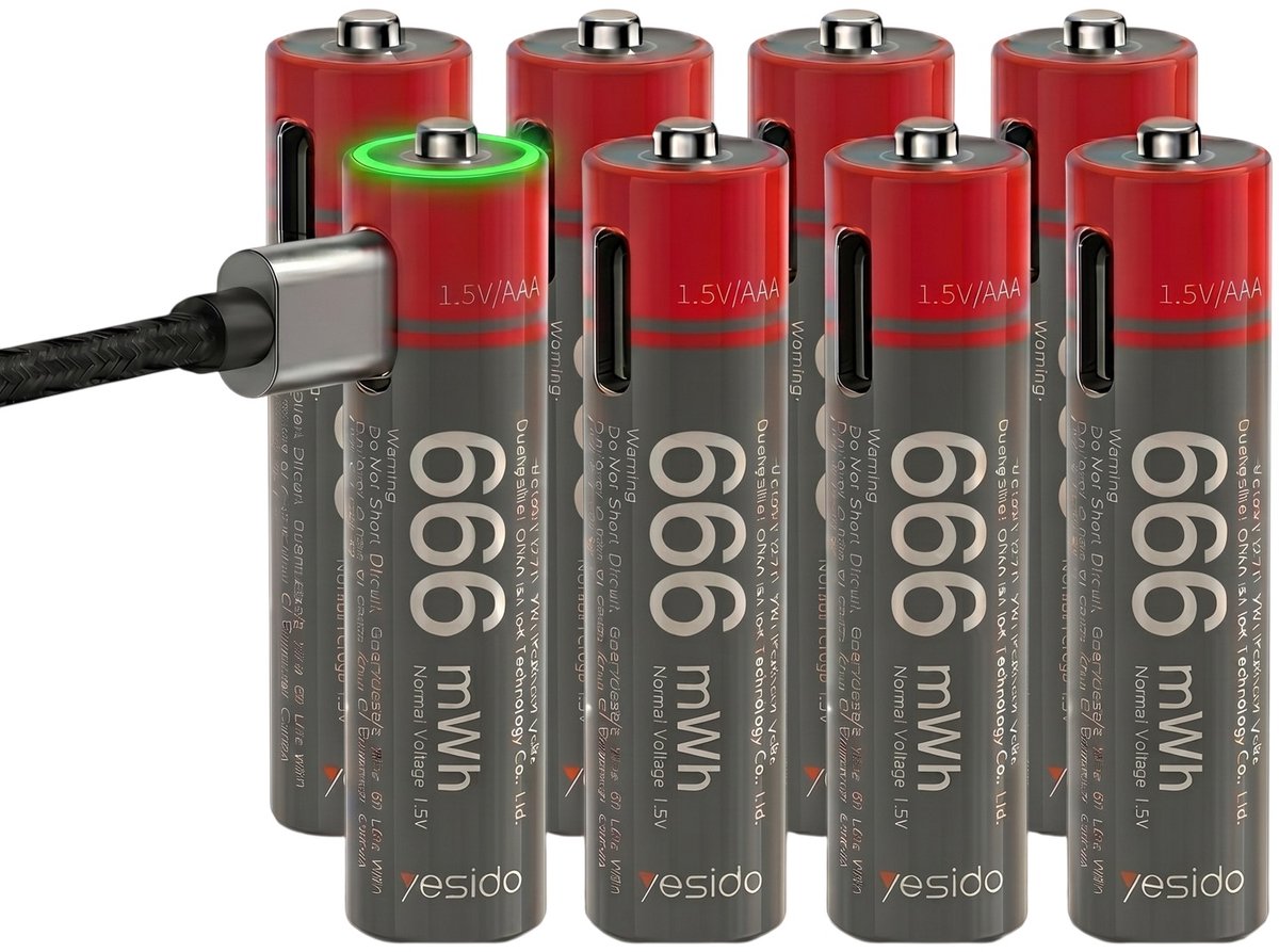 Yesido, 8x AA Batterijen Lithium 440mAh 1.5V 666mWh Oplaadbaar USB-C, Zwart / Rood