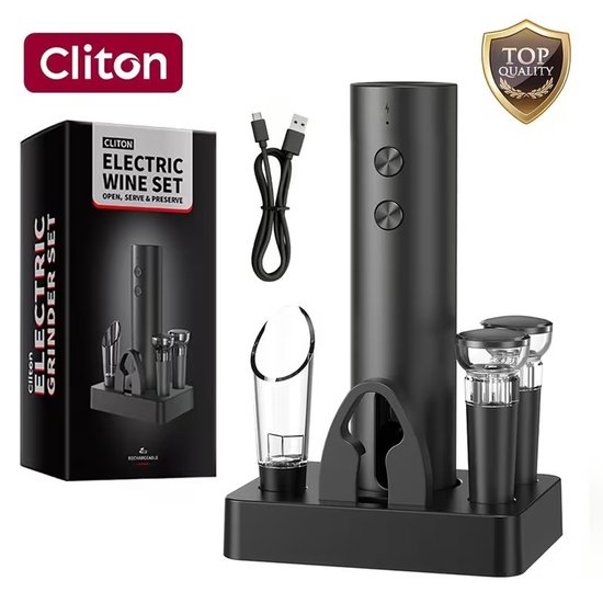 Set de vin électrique Cliton avec ouvre-bouteille noir, verseur, bouchon à vide, coupe-capsule et câble USB-C sur un socle noir.