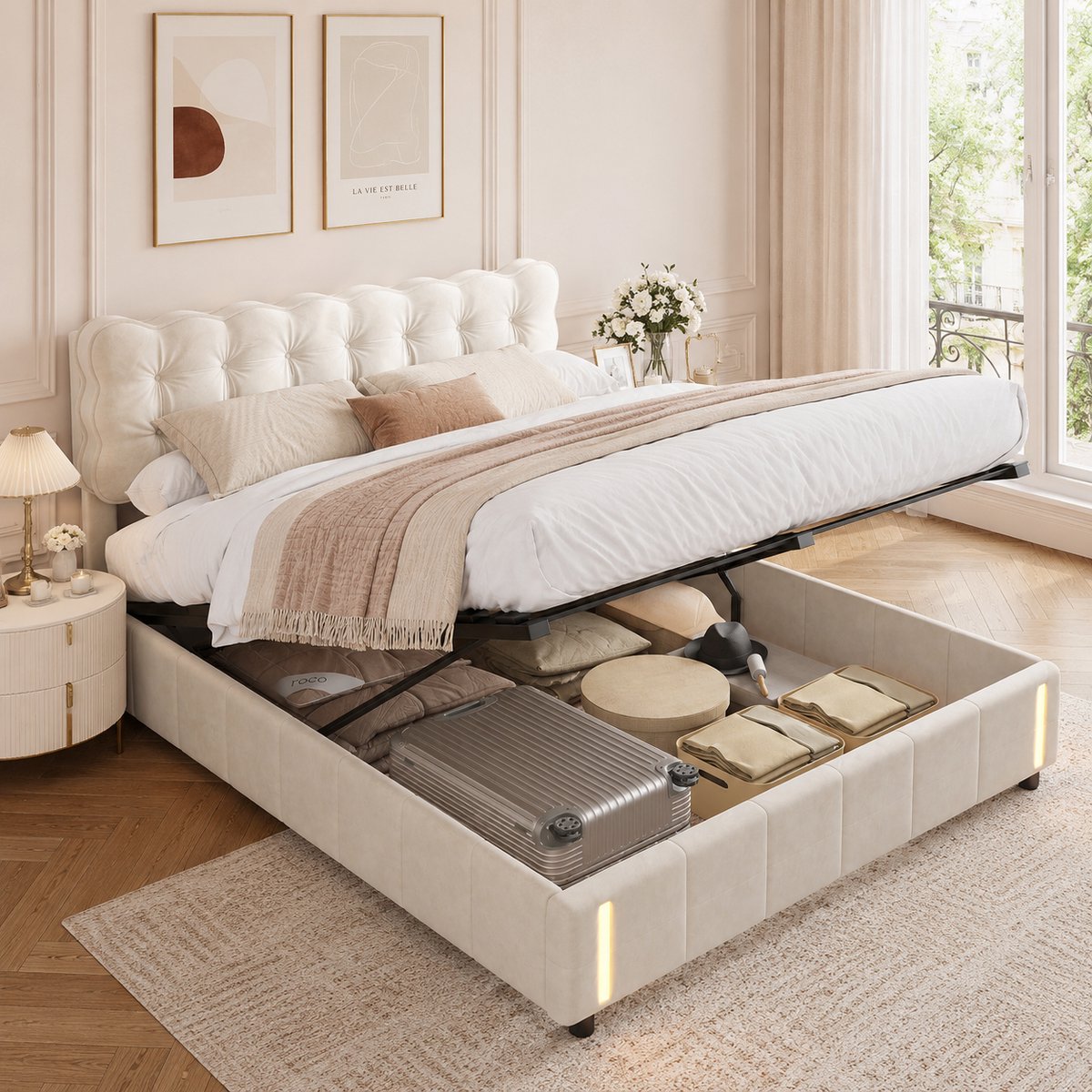 Tweepersoonsbed 140x190 cm - Opbergbed met slimme LED-verlichting met sensor en lattenbodem - Gestoffeerd met dik pluche hoofdbord, metalen bedframe, Fluwelen Beige