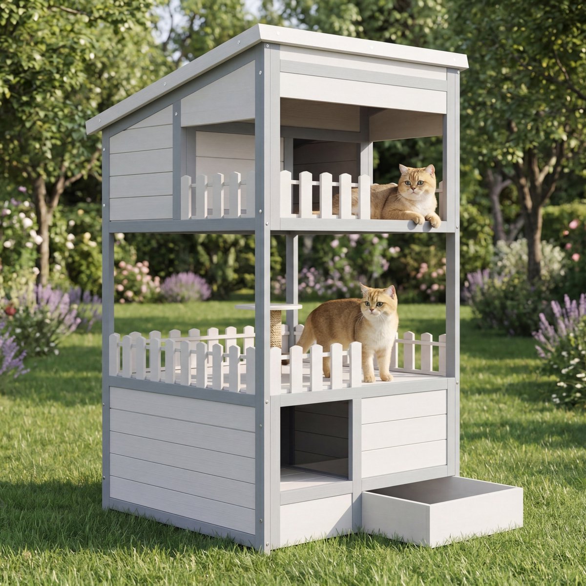 Houten kattenhuis 68x64cm – Met kattenbaklade & sisalpaal – Grijs