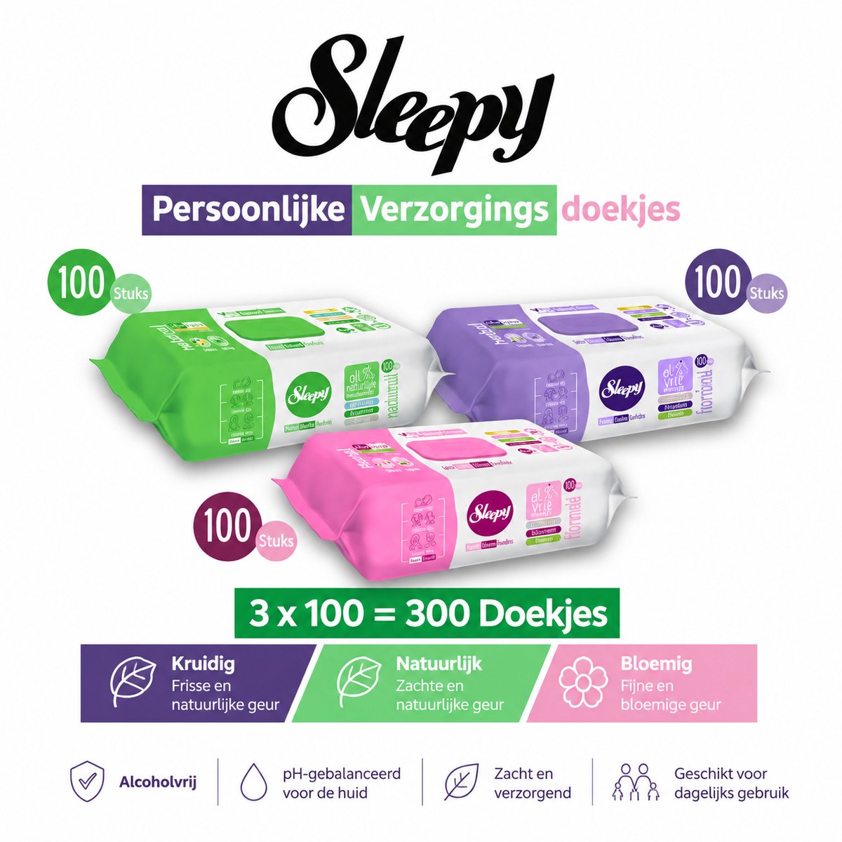 Sleepy Persoonlijke Verzorgingsdoekjes Voordeelpakket 3x100 – Natural, Floral & Herbal – 300 Doekjes – Alcoholvrij & Halal